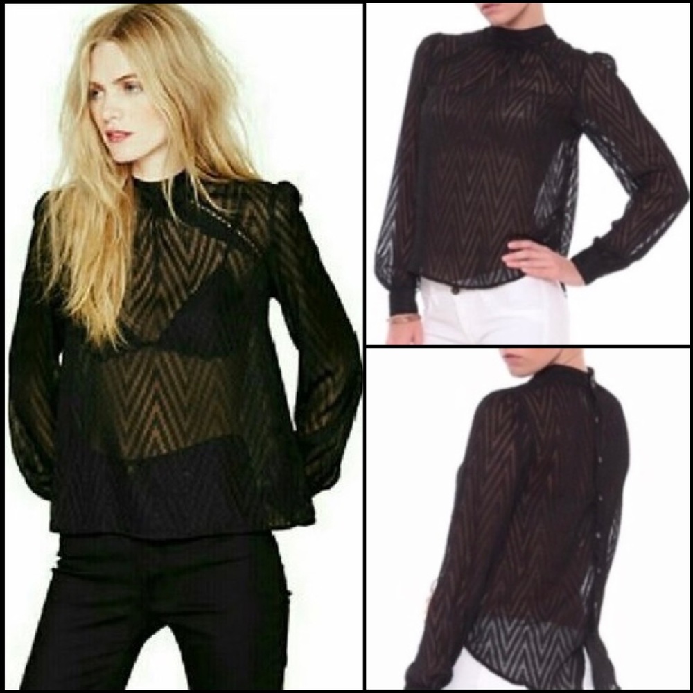 Free People Sheer Mesh Chevron Print Blouse Top - Picture 2 of 10